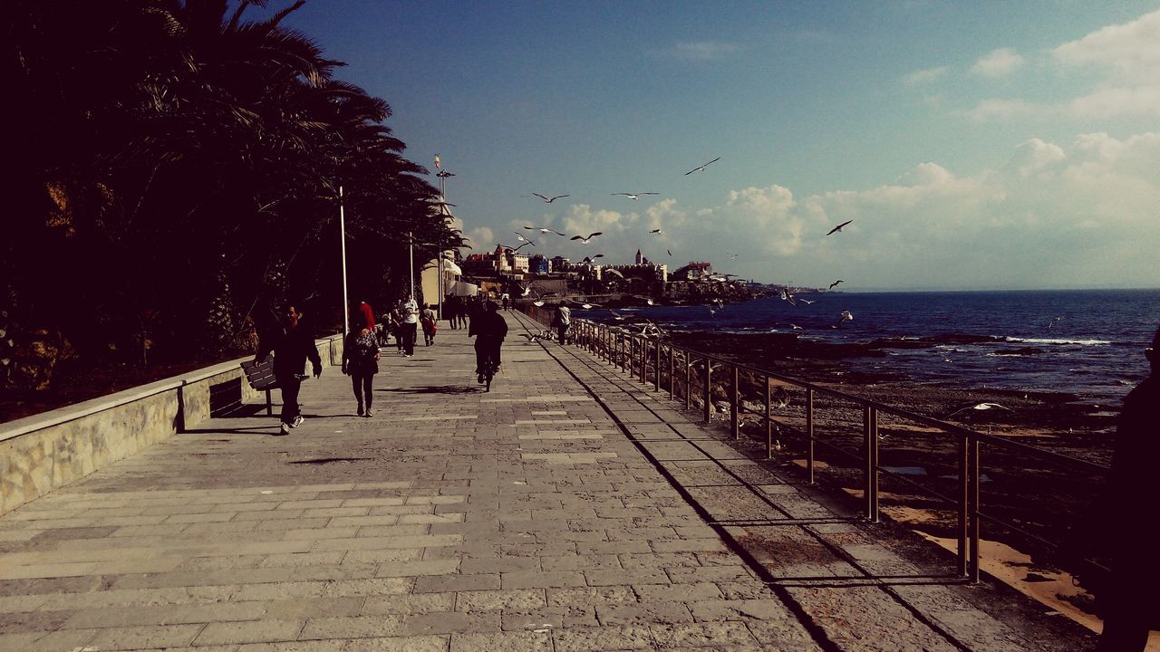 sky, built structure, water, architecture, walking, men, person, bird, the way forward, railing, lifestyles, sea, building exterior, animal themes, leisure activity, large group of people, cloud - sky, incidental people