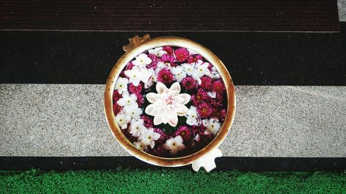 High angle view of frangipani in bowl on table