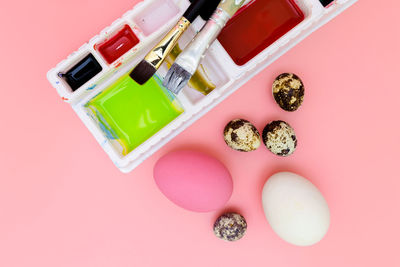 High angle view of multi colored candies on table