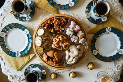 Directly above shot of christmas decorations on table