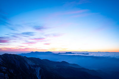 Scenic view of mountains against sky during sunset