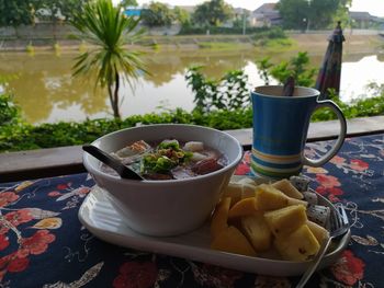 Close-up of breakfast served on table