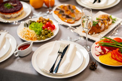 High angle view of food served on table