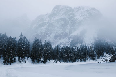 Severe scenery of frozen river surrounded by coniferous woods and rough rocky mountains covered with snow during snowfall in cold winter day