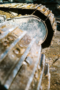 High angle view of old rusty metal container