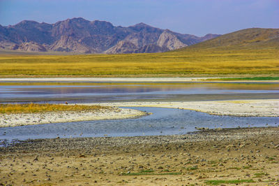 Scenic view of landscape and mountains against sky