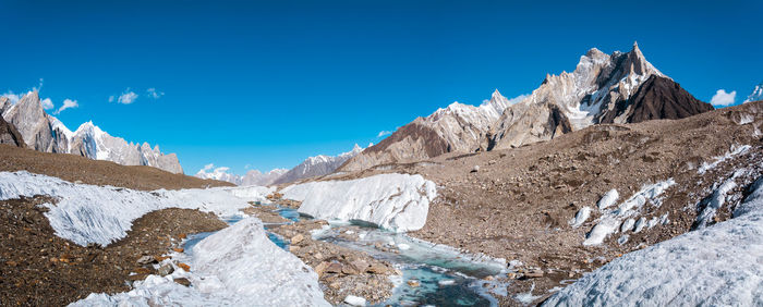 Panoramic view of snowcapped mountains against blue sky