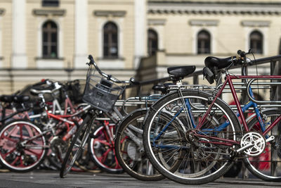 Bicycles parked in city