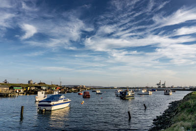 Sailboats moored in harbor