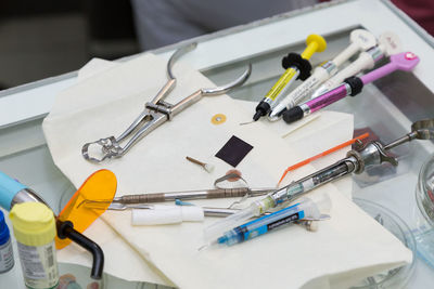 High angle view of tools on table