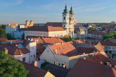 High angle view of residential district against sky