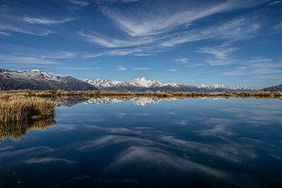 Scenic view of lake by snowcapped mountain against sky