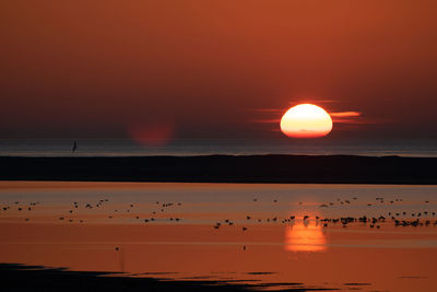 Scenic view of sea against orange sky