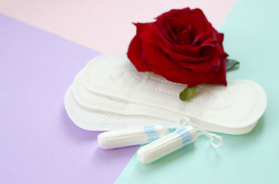 High angle view of rose bouquet on white table