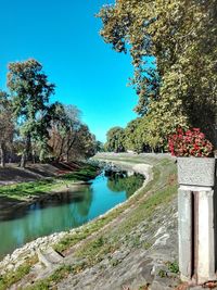 Scenic view of lake against clear blue sky