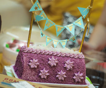 Close-up of pink cake on table