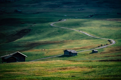 High angle view of road amidst field