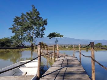 Scenic view of lake against clear blue sky