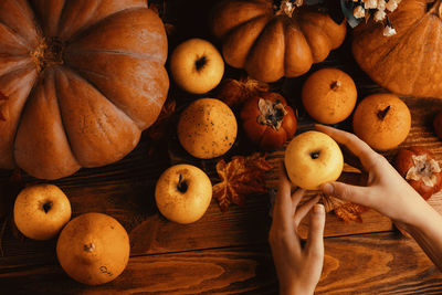 High angle view of pumpkins on table