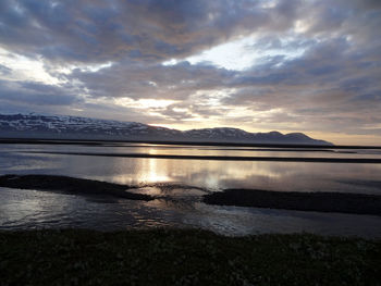 Scenic view of lake against sky during sunset