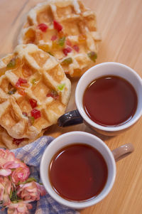 High angle view of breakfast on table