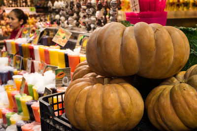 Close-up of pumpkins for sale at market stall