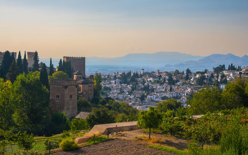 High angle view of townscape against sky during sunset