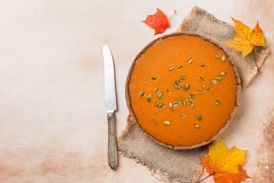 High angle view of orange on table