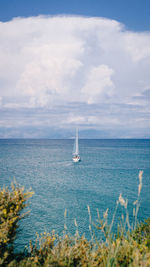 Sailboat sailing in sea against sky