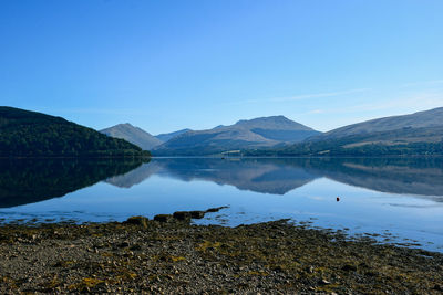 Scenic view of lake and mountains against clear blue sky