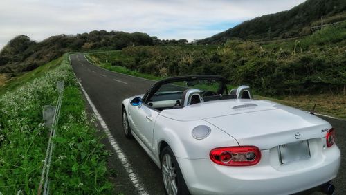 Car on road amidst trees on field against sky