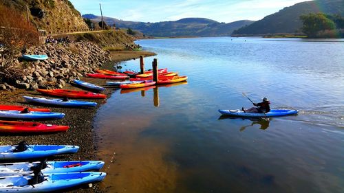 High angle view of man kayaking in river