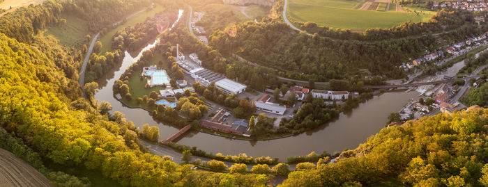 High angle view of trees and buildings