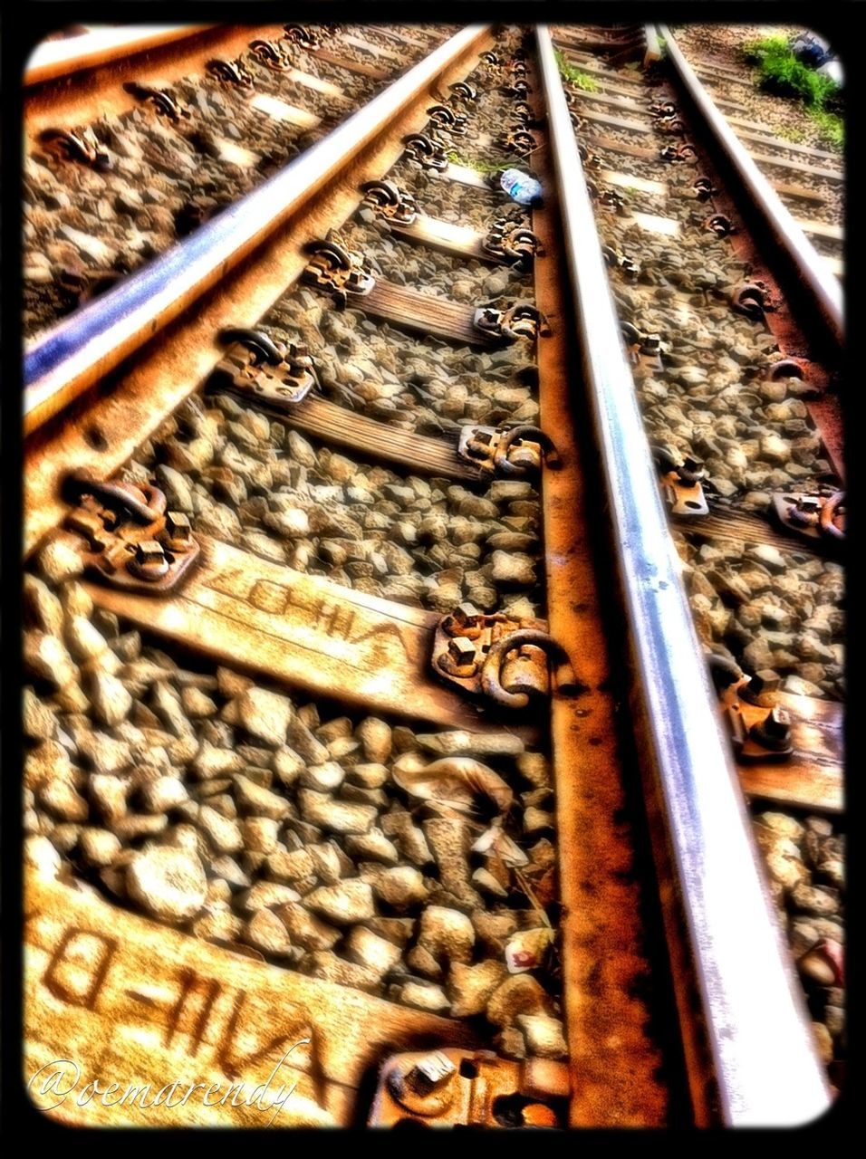 transfer print, auto post production filter, railroad track, metal, transportation, rail transportation, high angle view, rusty, metallic, indoors, day, close-up, abandoned, no people, wood - material, obsolete, old, mode of transport, sunlight