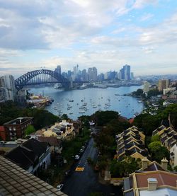 High angle view of city against cloudy sky