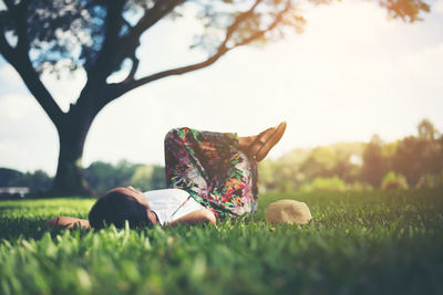 Surface level view of woman lying at park