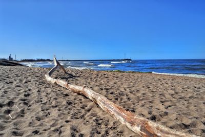 Scenic view of beach against clear blue sky