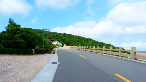 Empty road by trees against sky