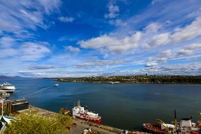 High angle view of bay against sky