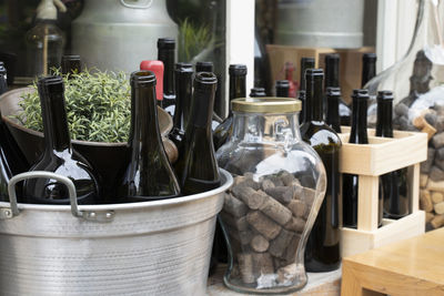 Close-up of beer in glass bottles