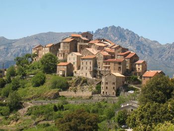 Houses by trees and mountains against clear sky