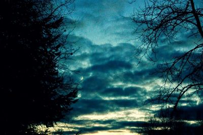 Low angle view of bare trees against cloudy sky