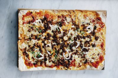 Directly above shot of pizza on table