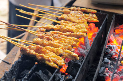 Close-up of meat on barbecue grill