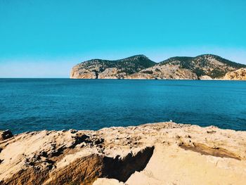 Scenic view of sea against clear blue sky