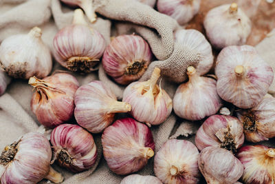 High angle view of garlics for sale at market