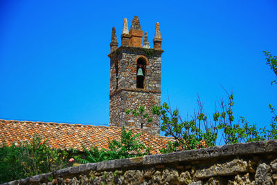 Low angle view of old building against clear blue sky