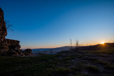 Scenic view of landscape against clear sky during sunset