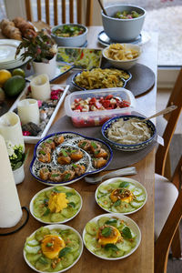 High angle view of food served on table