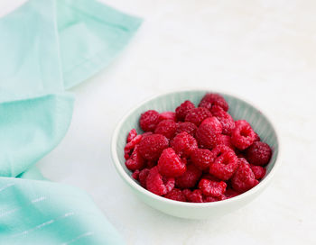 High angle view of raspberries in bowl on white table